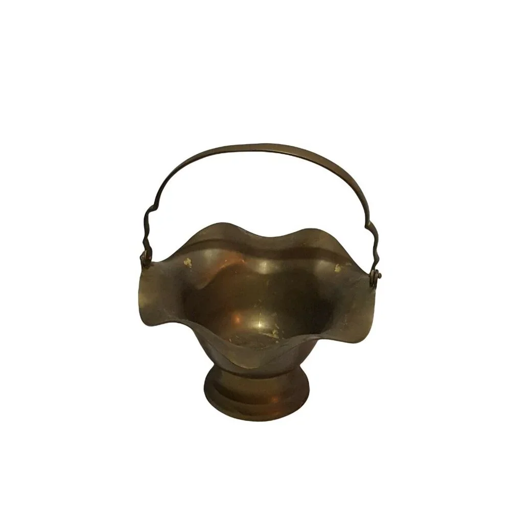 Vintage Solid‎ Brass Basket With Handle Ruffled Edge 8